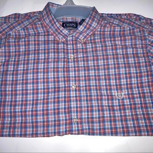 Chaps Orange Blue White Plaid Easy Care Casual Short Sleeve Shirt Mens Size XL.